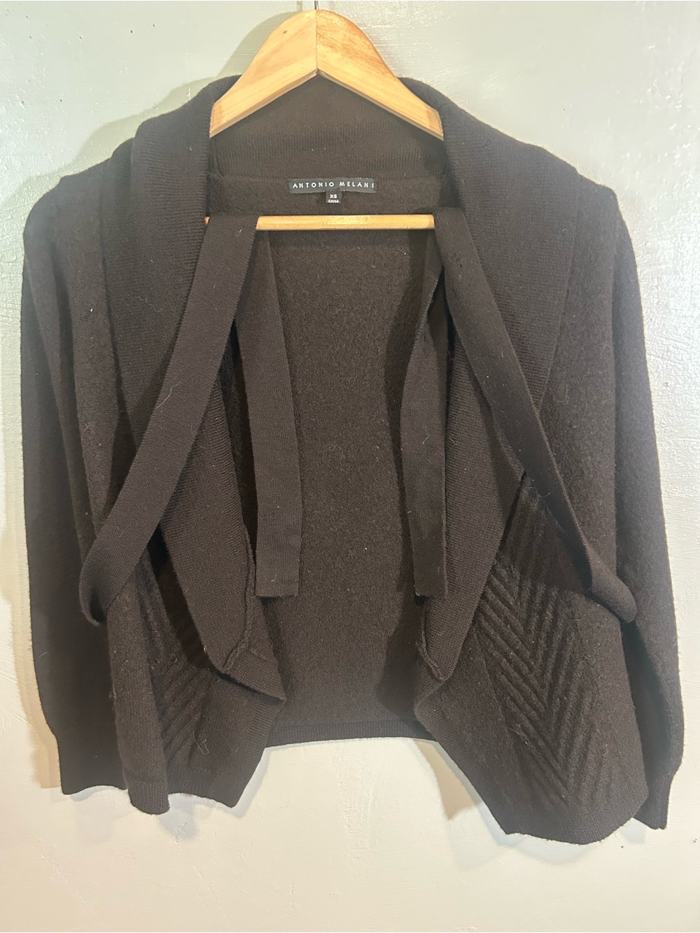 ANTONIO MELANI Black Draped Open-Front Tie Cardigan 100% Wool